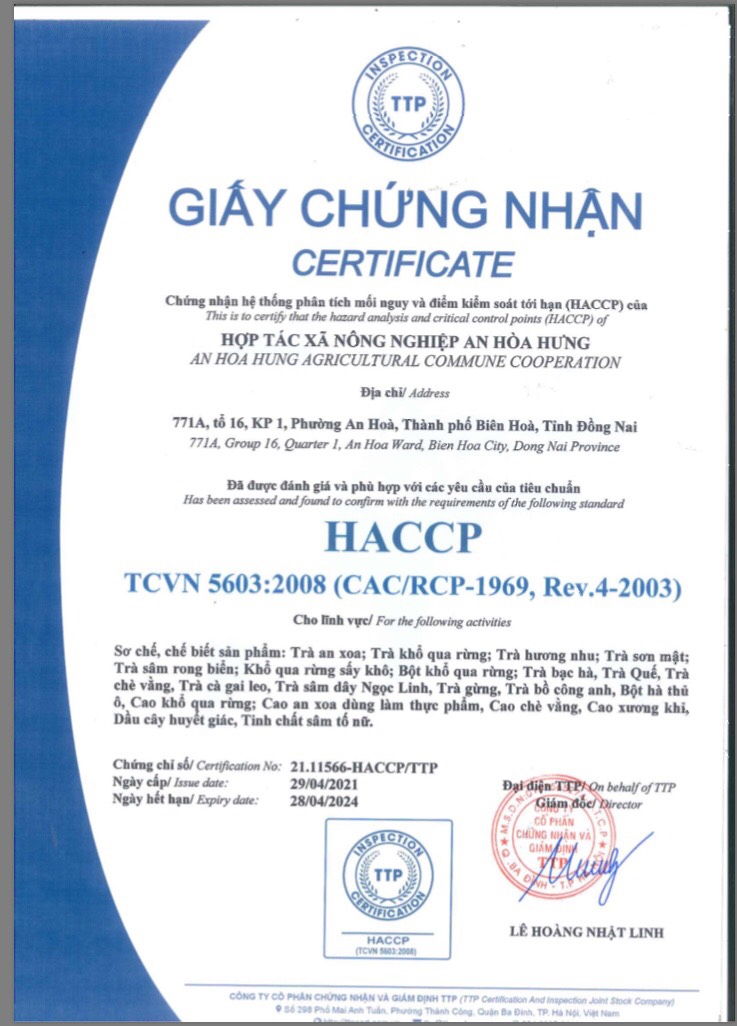 Giấy chứng nhận HACCP của HTX An Hòa Hưng